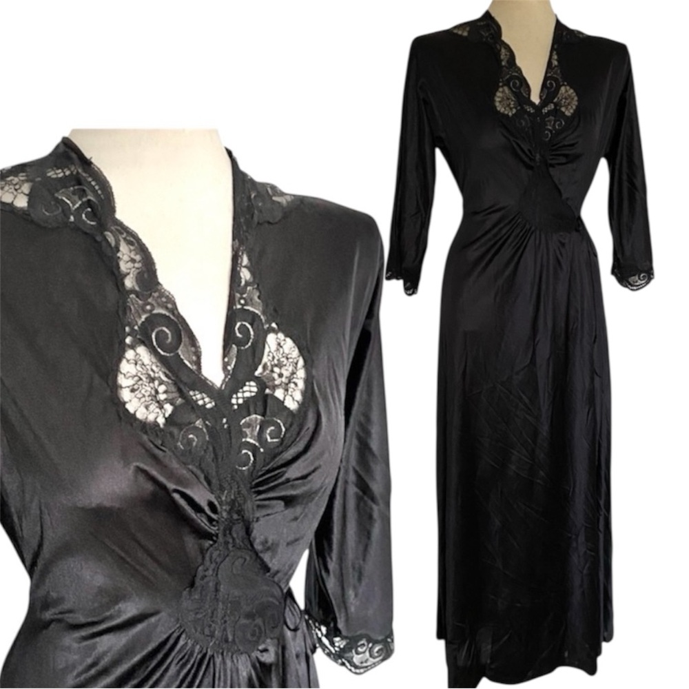 Vintage Silky Black Lace-Trim Long Robe